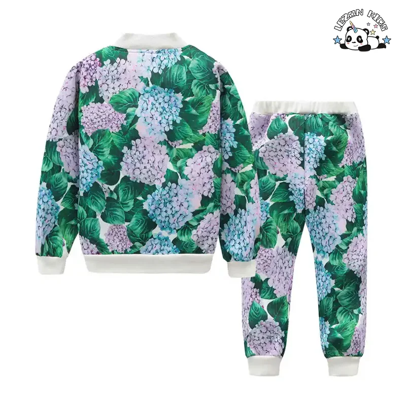 LEZONKIDS - Conjuntos de moletom para crianças no atacado com design de moda fofo, calças bomber com zíper personalizado, impressão digital de flores, roupas infantis